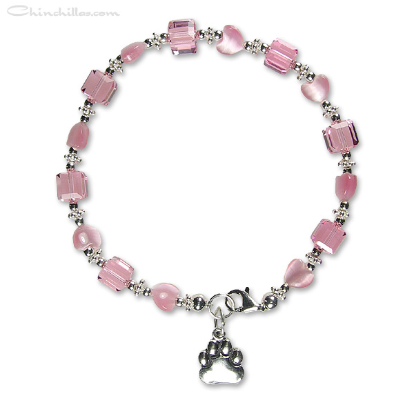 Valentine's Day Pink Swarovski Crystal & Heart Chinchilla Paw Charm Bracelet